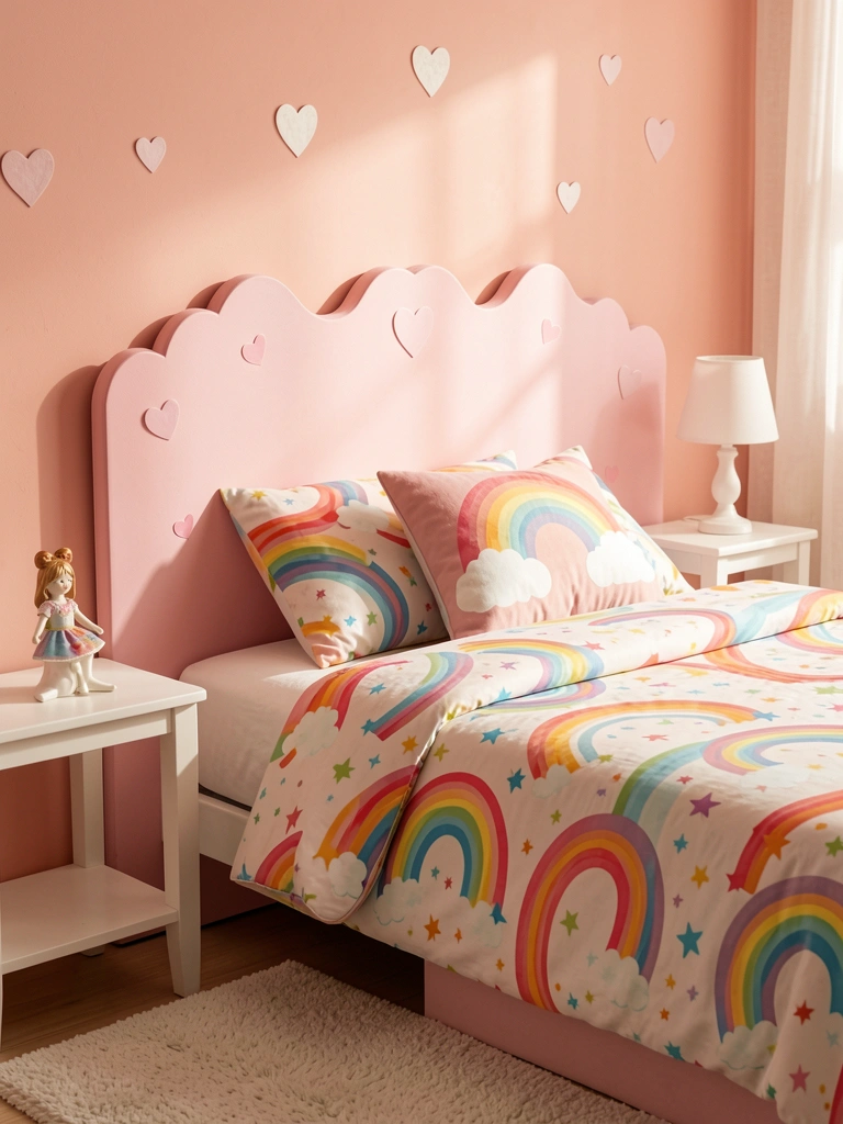 Cabeceira modular adesiva rosa com bordas onduladas e decalques de coração, edredom vibrante com arco-íris e estrelas, luz natural do dia.