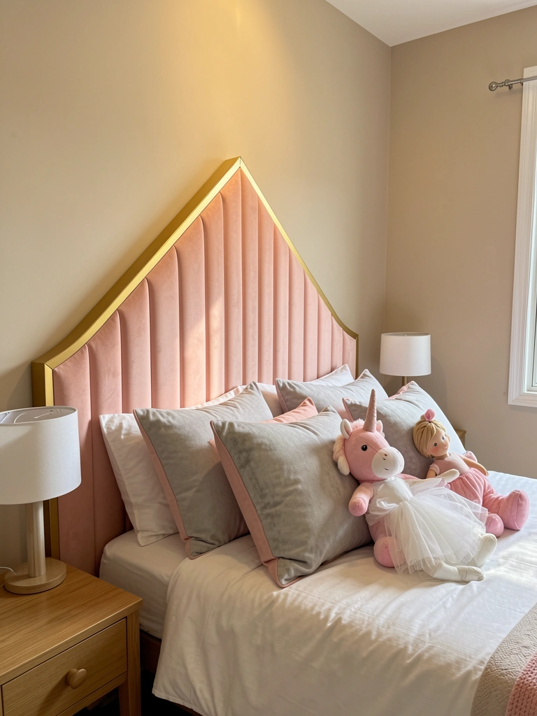 Cabeceira blush com detalhes dourados, travesseiros cinza e pelúcia rosa sobre cama branca, luz suave e parede bege.