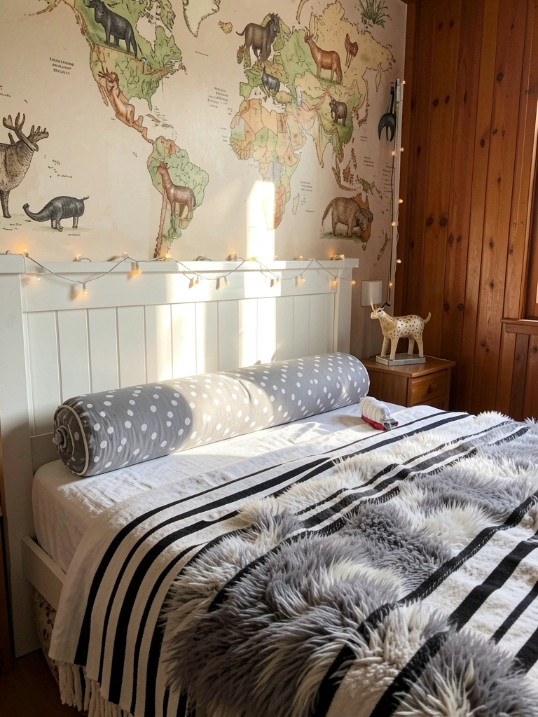 Cama de madeira branca com almofada de bolinhas cinza e branca, manta listrada preta e branca e pele de carneiro cinza. Mapa-múndi com animais na parede, luz natural e luzinhas na cabeceira.