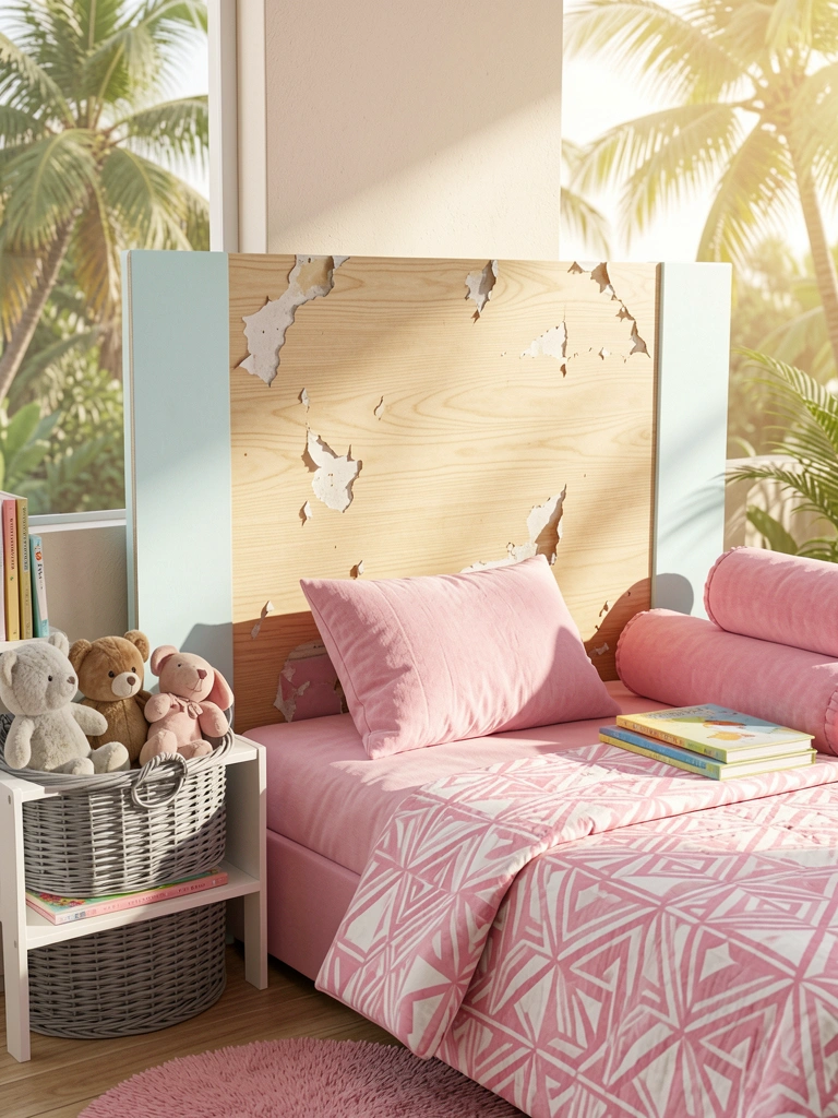 Cabeceira modular de madeira clara descascando, cama infantil rosa com colcha geométrica, cesto de vime cinza com bichos de pelúcia, luz natural tropical.