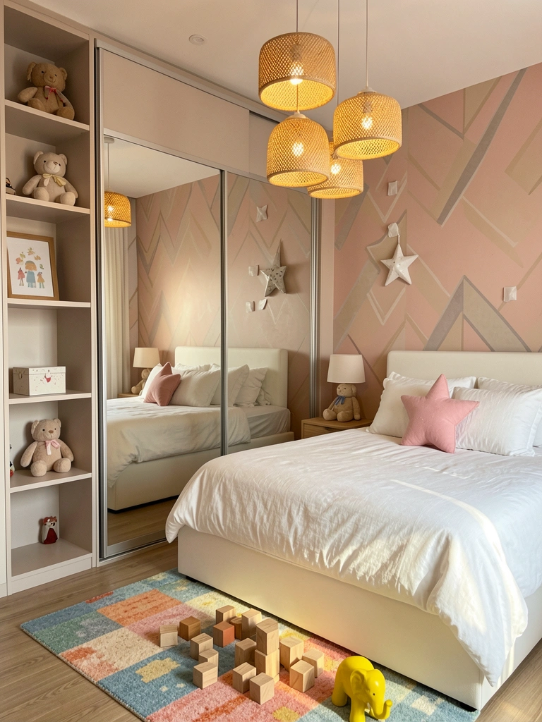 Quarto infantil com cama grande branca, almofadas brancas e estrela rosa na parede rosa com padrão geométrico bege e cinza, luz natural entrando por luminárias de palha trançada.