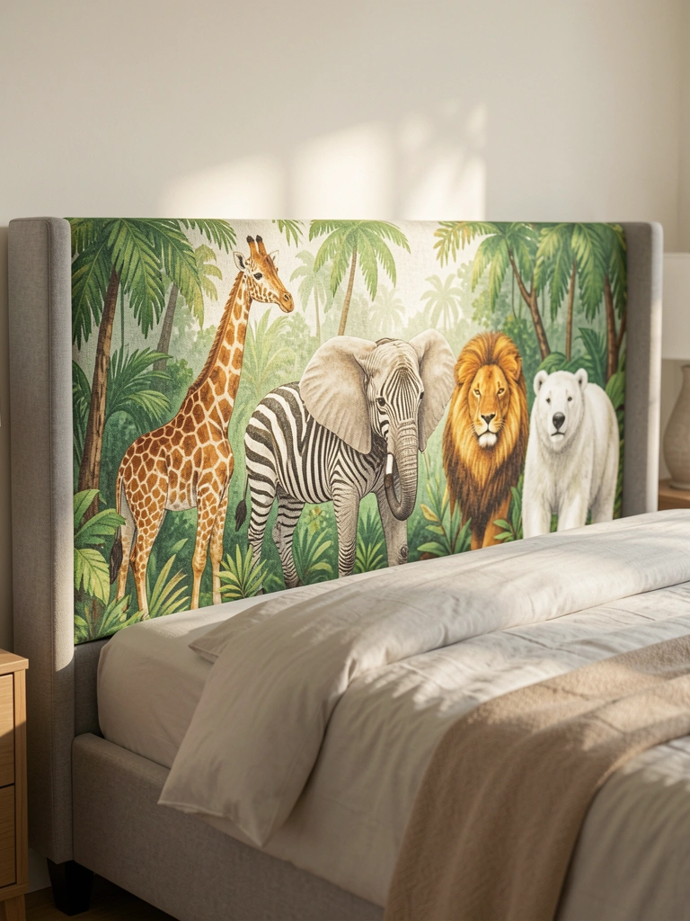Cabeceira estofada verde com ilustrações de girafa, zebra, elefante, leão e urso polar em tons terrosos, cama cinza claro e luz natural suave ao fundo.