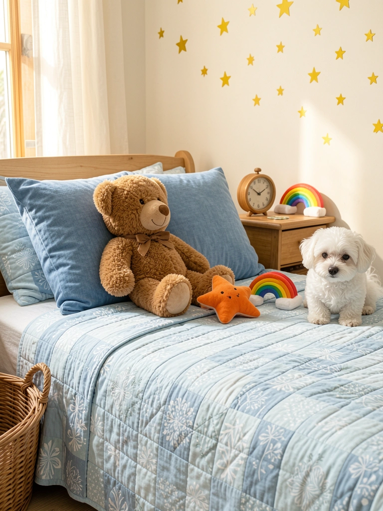 Cama infantil com colcha azul clara estampada, urso marrom felpudo e estrela laranja de pelúcia, sob luz natural