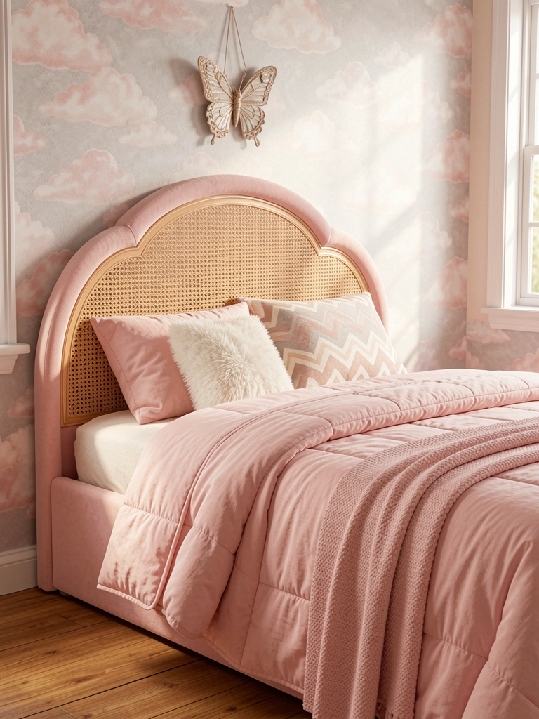 Cabeceira modular rosa claro com painel de vime, colcha rosa e travesseiro branco felpudo, luz natural entrando pela janela.
