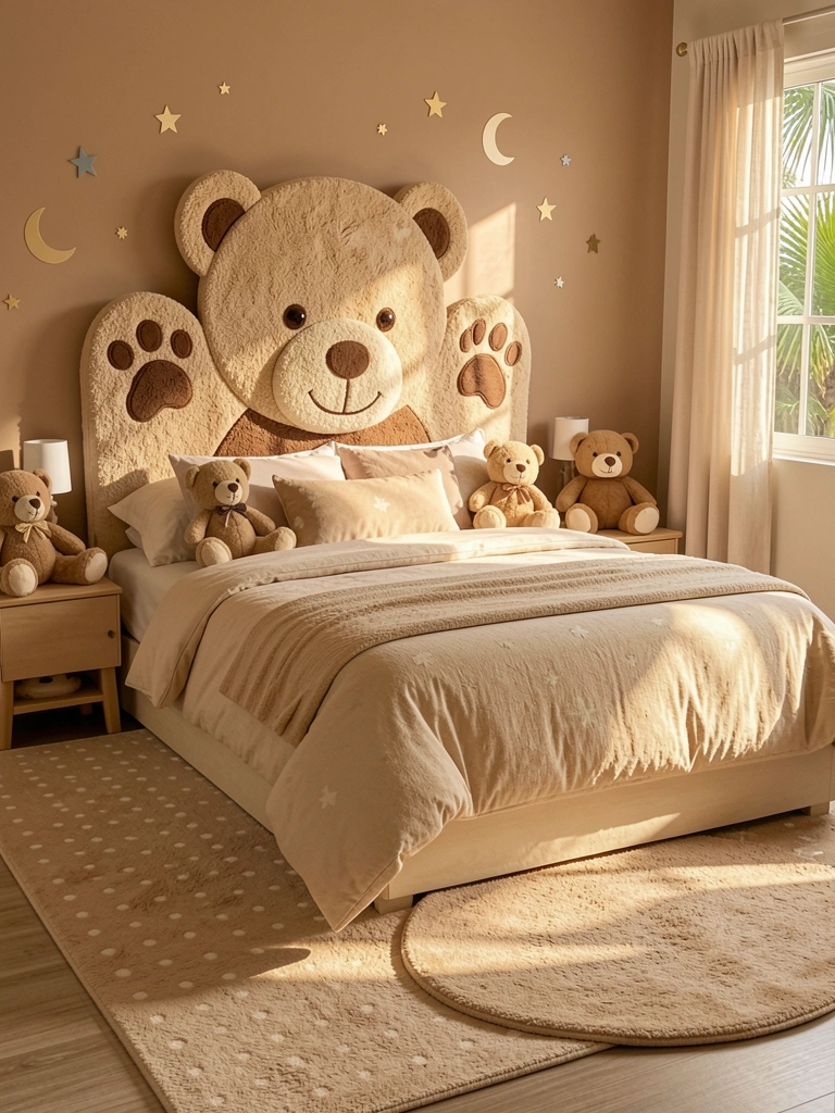 Luz natural suave ilumina cabeceira artesanal com urso gigante bege e marrom, detalhes de patas e sorriso, parede clara com adesivos de lua e estrela, tapete bege com bolinhas.