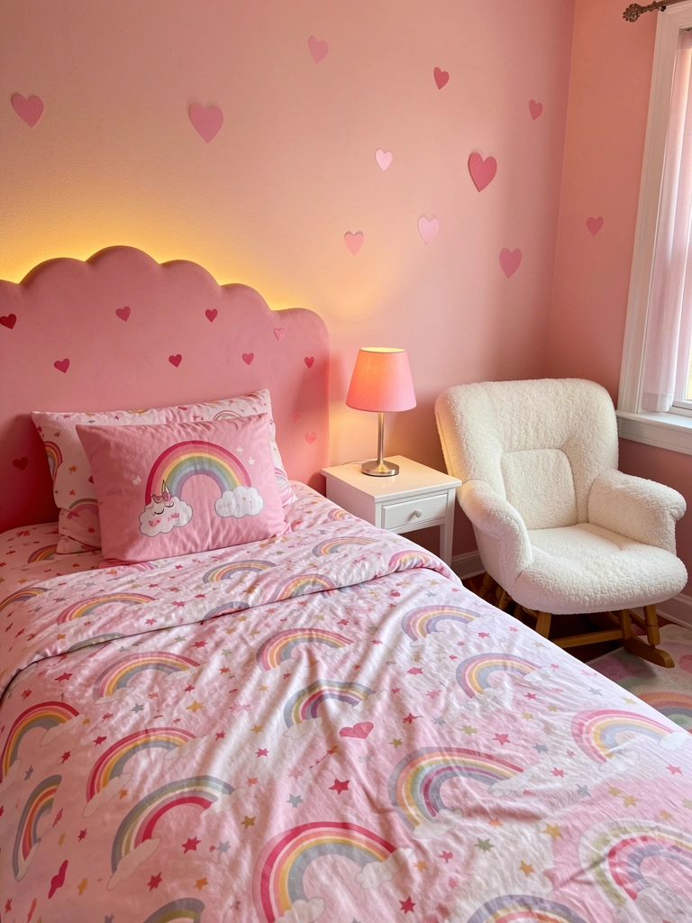 Cabeceira rosa com bordas onduladas e adesivos de coração, colcha estampada com arco-íris e estrelas, luminária de abajur rosa sobre criado-mudo branco.