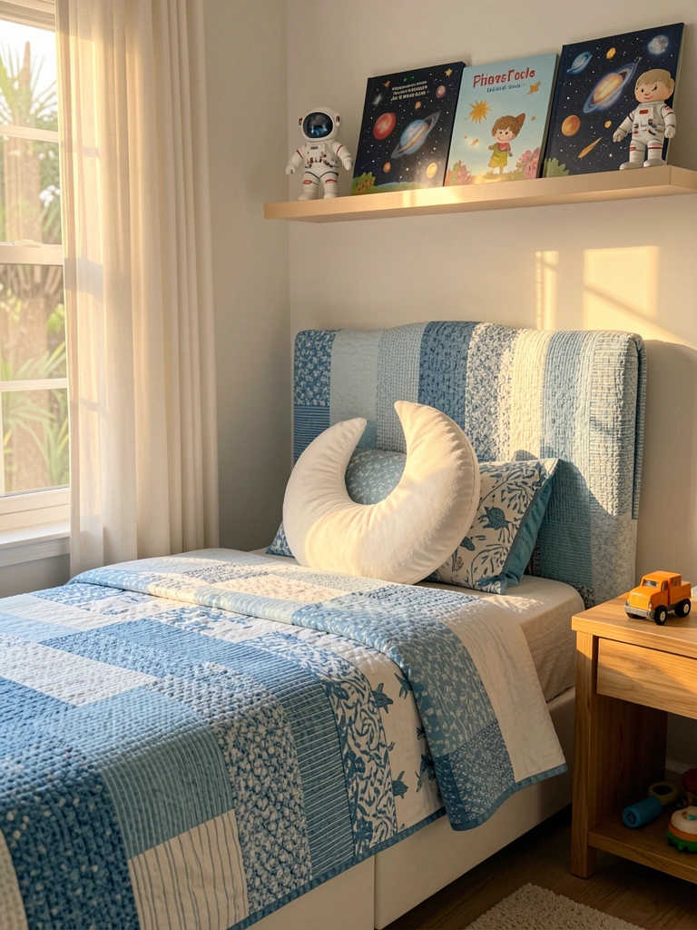 Cama infantil com cabeceira alta, colcha azul e branca texturizada e travesseiro de lua crescente, brinquedo e livros sobre espaço na estante, luz natural do dia.