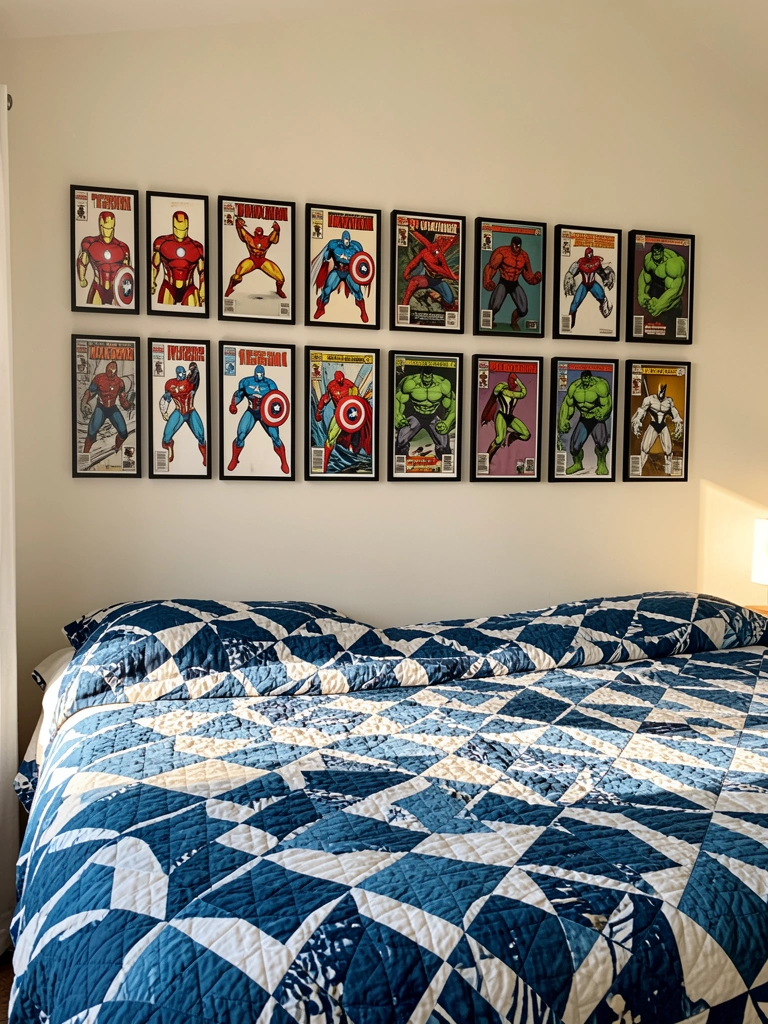 Doze molduras com capas de quadrinhos de super-heróis alinhadas sobre colcha azul e branca, luz natural e tecido com padrão geométrico.