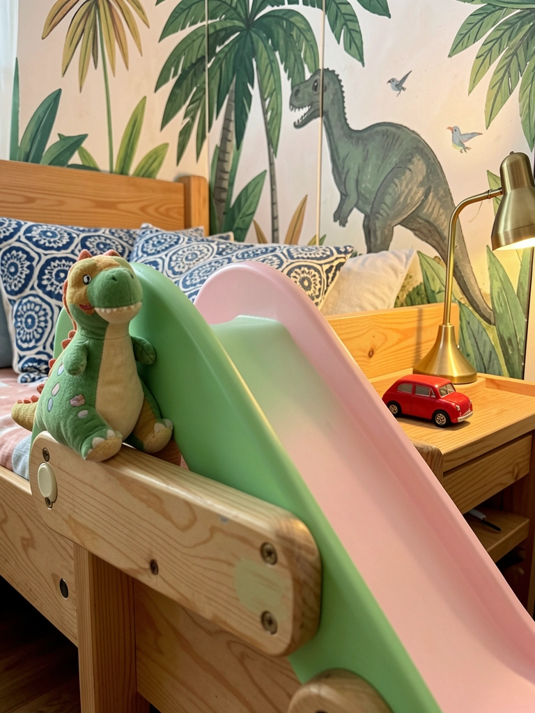 Close-up de cama infantil de madeira com escorregador, dinossauro de pelúcia verde, almofada listrada e carrinho vermelho; parede com pintura de selva e abajur de latão aceso.