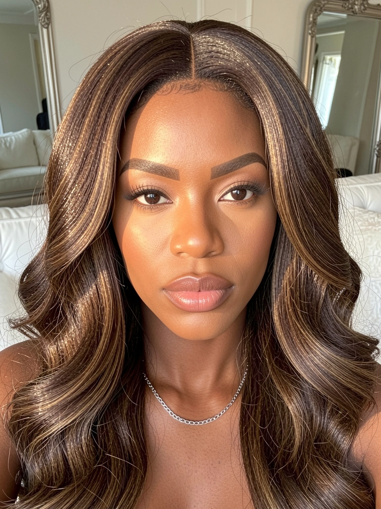Close-up de mulher negra com cabelo cacheado chocolate claro, brinco prateado e colar delicado, luz natural suave e sofá branco desfocado ao fundo.