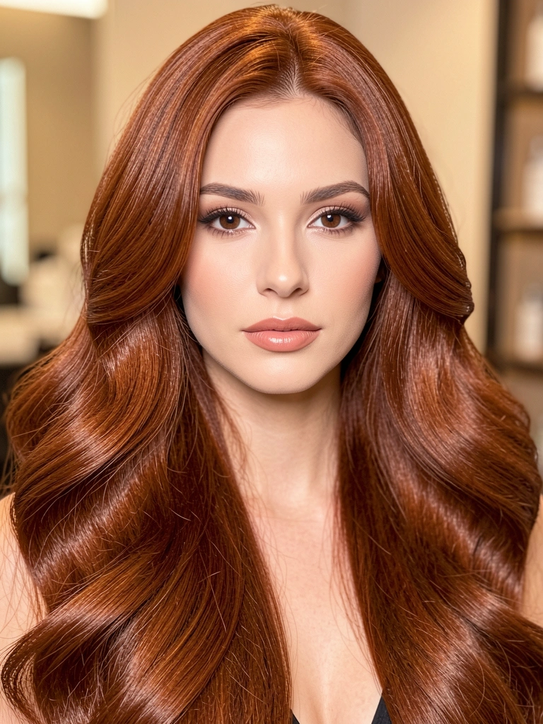 Close-up de mulher com cabelo ruivo ondulado e brilhante, iluminado por luz suave de estúdio, fundo neutro desfocado.