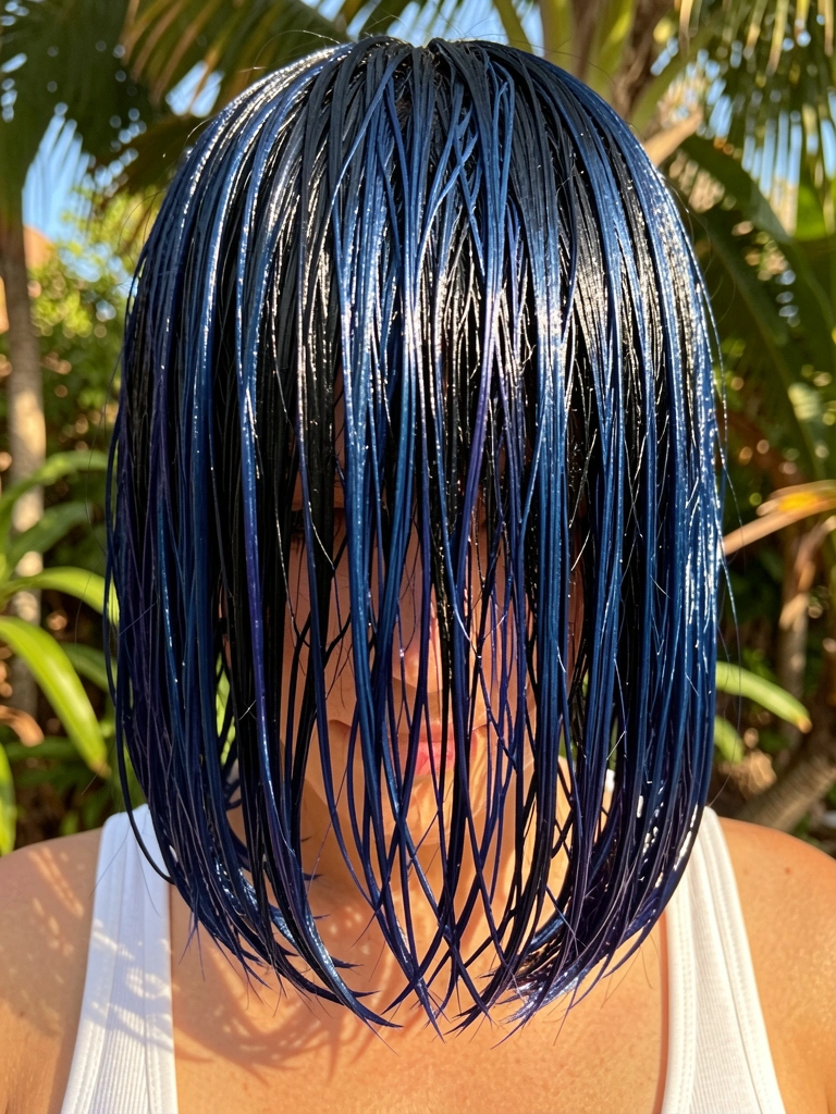 Cabelo azul escuro molhado em corte bob, textura brilhante com luz natural filtrada por folhas ao fundo.