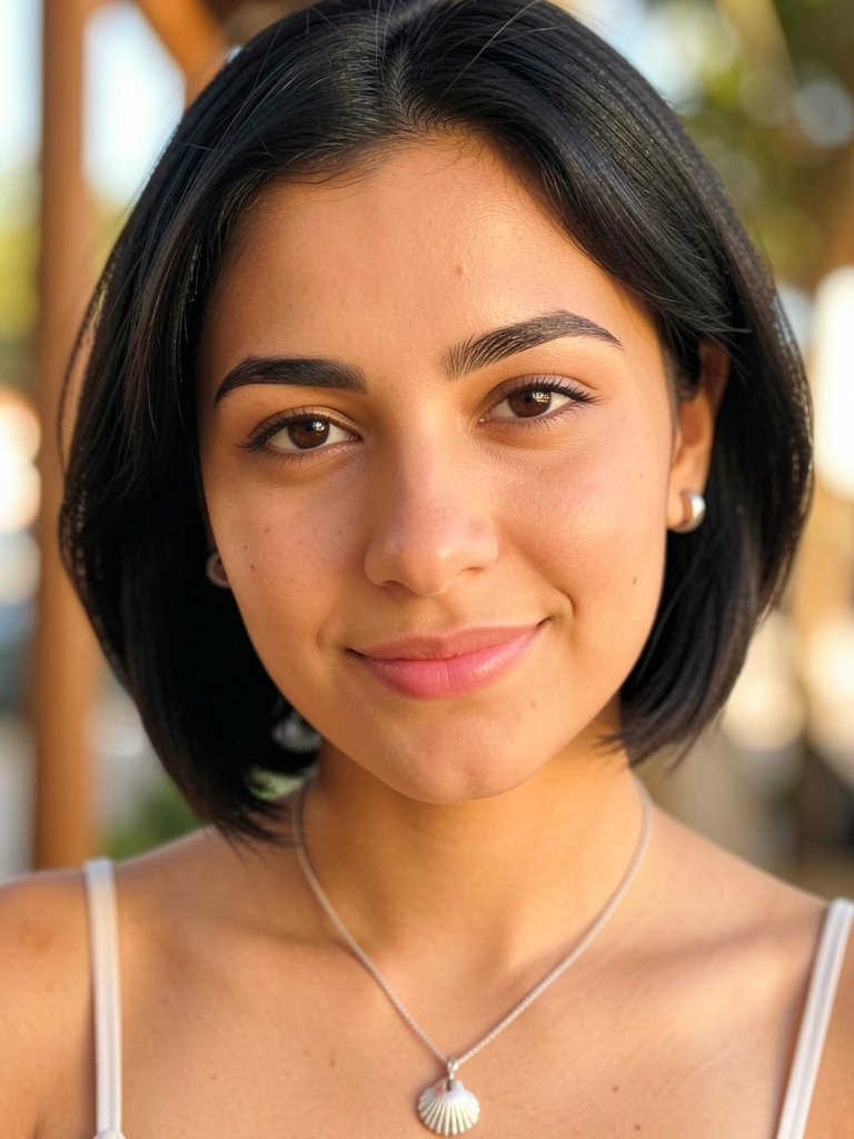 Jovem de cabelo escuro e colar com pingente de concha, olhando para a câmera com sorriso suave sob luz natural.