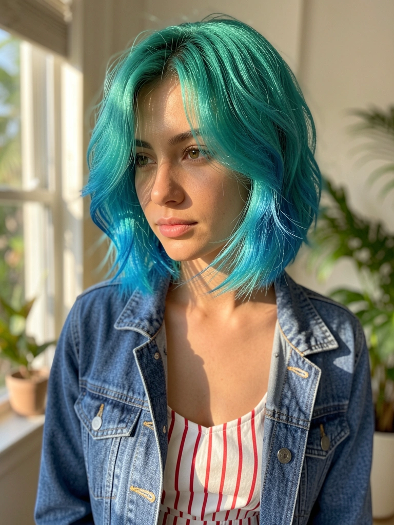 Jovem com cabelo curto em ombré azul-turquesa, listras brancas e vermelhas no macacão, jaqueta jeans azul, luz natural suave e fundo desfocado com verde.