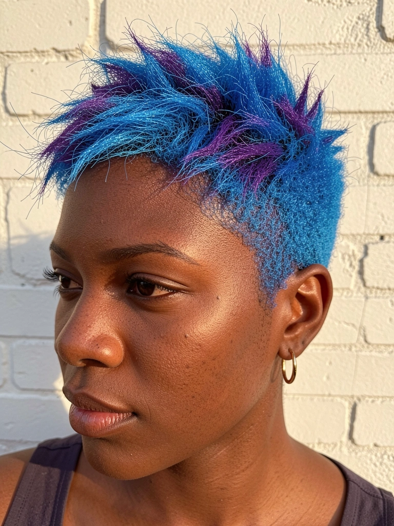 Mulher negra com cabelo azul vibrante e brincos argola de ouro, iluminada por luz natural, fundo de parede de tijolos brancos.