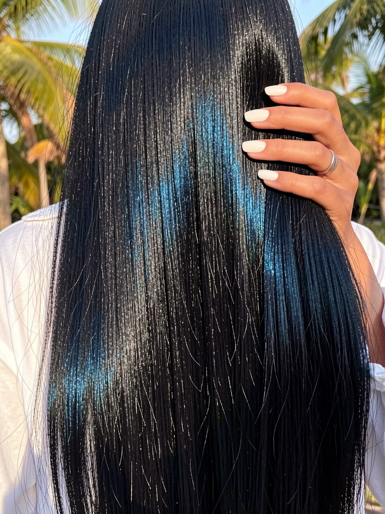 Cabelos negros longos e brilhantes, mão com unhas brancas os toca, camisa branca, luz natural e reflexo azul nos fios.