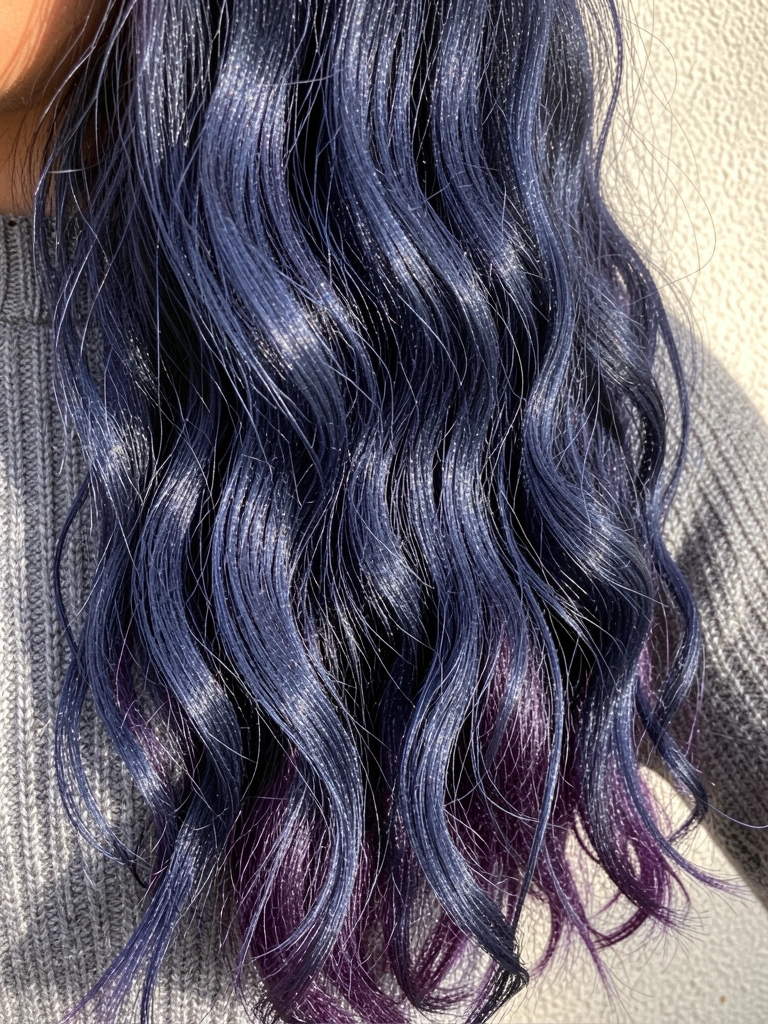Cabelo ondulado castanho-escuro com reflexos azuis caindo sobre suéter cinza, luz natural difusa e parede texturizada ao fundo.