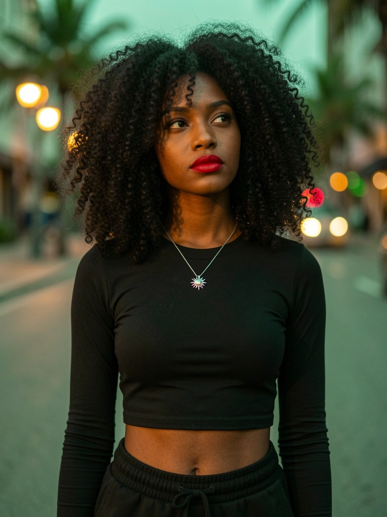 Jovem negra de cabelo crespo volumoso e batom vermelho, blusa preta curta e colar de prata, olhar distante sob luz noturna urbana.
