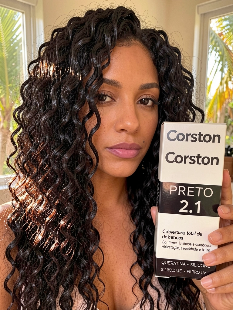 Cachos negros volumosos com brilho intenso, caixa de coloração Corston