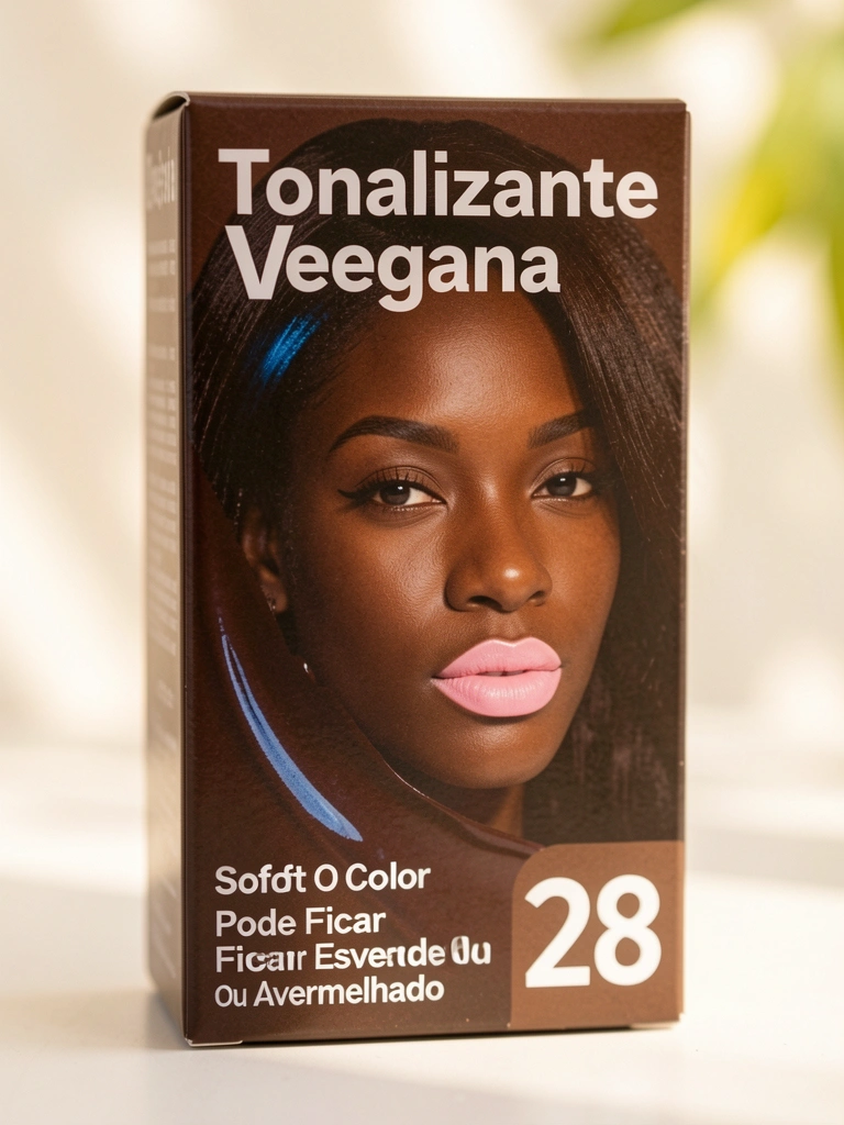 Close de caixa de tonalizante vegano marrom escuro, com rosto feminino negro e batom rosa claro sobreposto ao mostruário, fundo branco desfocado com luz suave.
