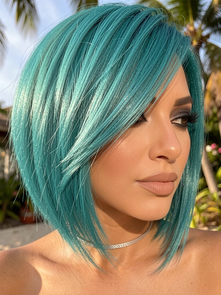 Detalhe macro de cabelo com ombré azul-petróleo, corte bob assimétrico, textura de fios e brilho sutil, luz natural suave.
