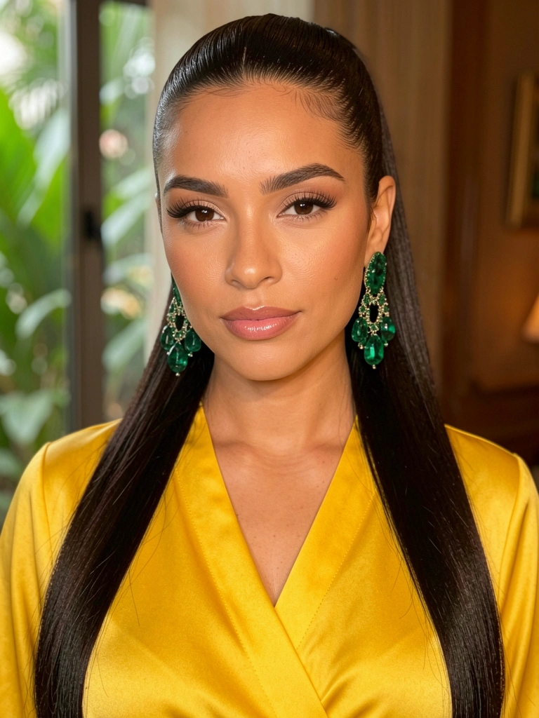 Mulher de cabelo preso e top amarelo de seda com brincos verdes pendentes, luz dourada e folhagem ao fundo desfocado.