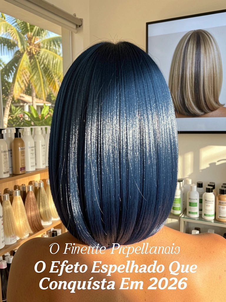 Bob azul escuro brilhante, vitrine com produtos loiros e tela de TV, luz natural de dia.
