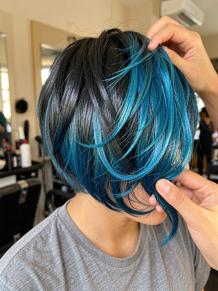 Cabelo preto com mechas azul elétrico, mão de cabeleireira levantando mechas, fundo de salão desfocado com luz natural.