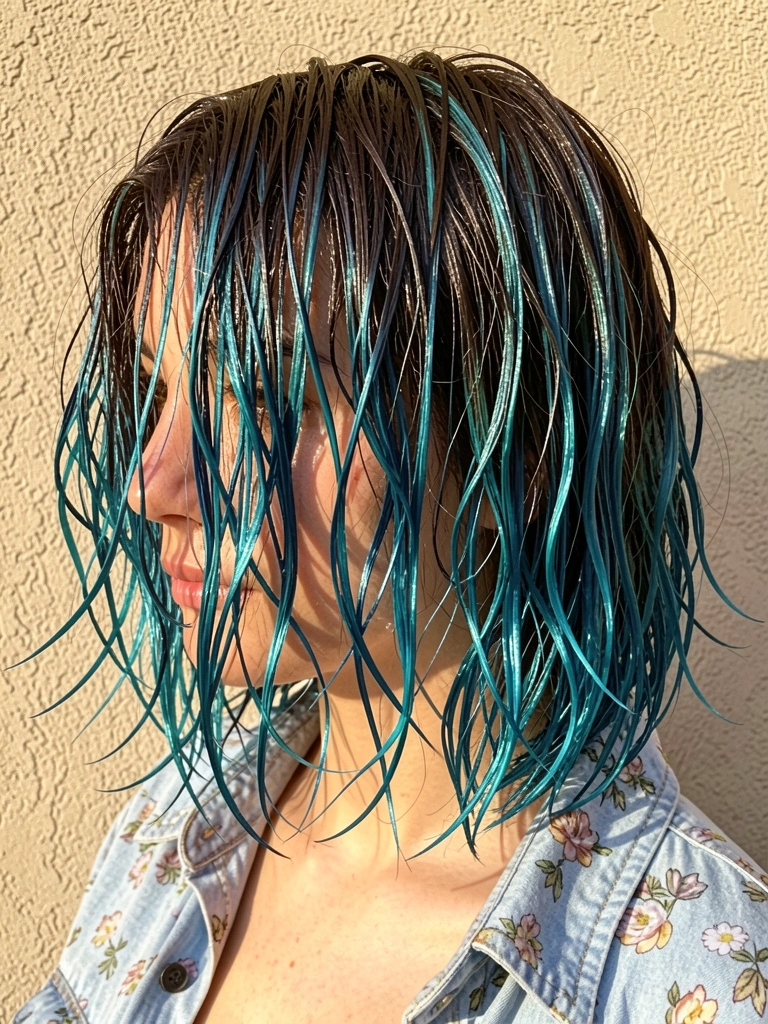 Jovem com cabelo molhado e franja desfiada, mechas azuis e verdes vibrantes, fundo bege texturizado e jaqueta jeans florida no ombro.