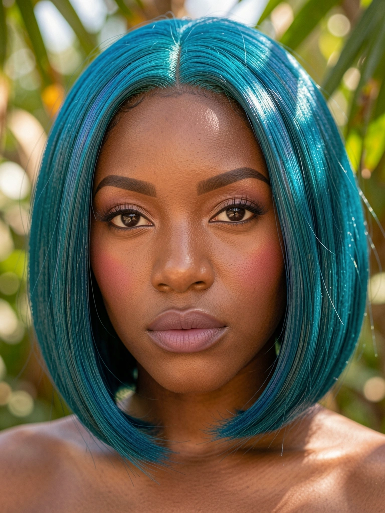 Jovem negra de cabelo azul-marinho iridescente, pele com blush natural e lábios rosa suave, luz difusa e fundo desfocado com folhas tropicais.