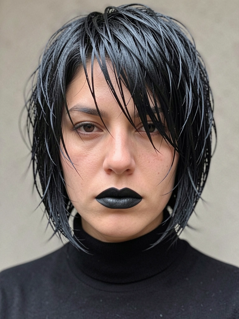 Close-up de mulher com cabelo preto texturizado em bob assimétrico, batom preto fosco e gola rulê, fundo cinza desfocado com luz natural difusa.