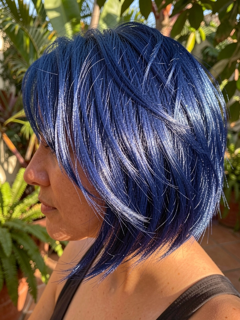 Mulher com cabelo azul índigo texturizado e brilhante, fundo desfocado de pátio ensolarado com folhagens verdes.