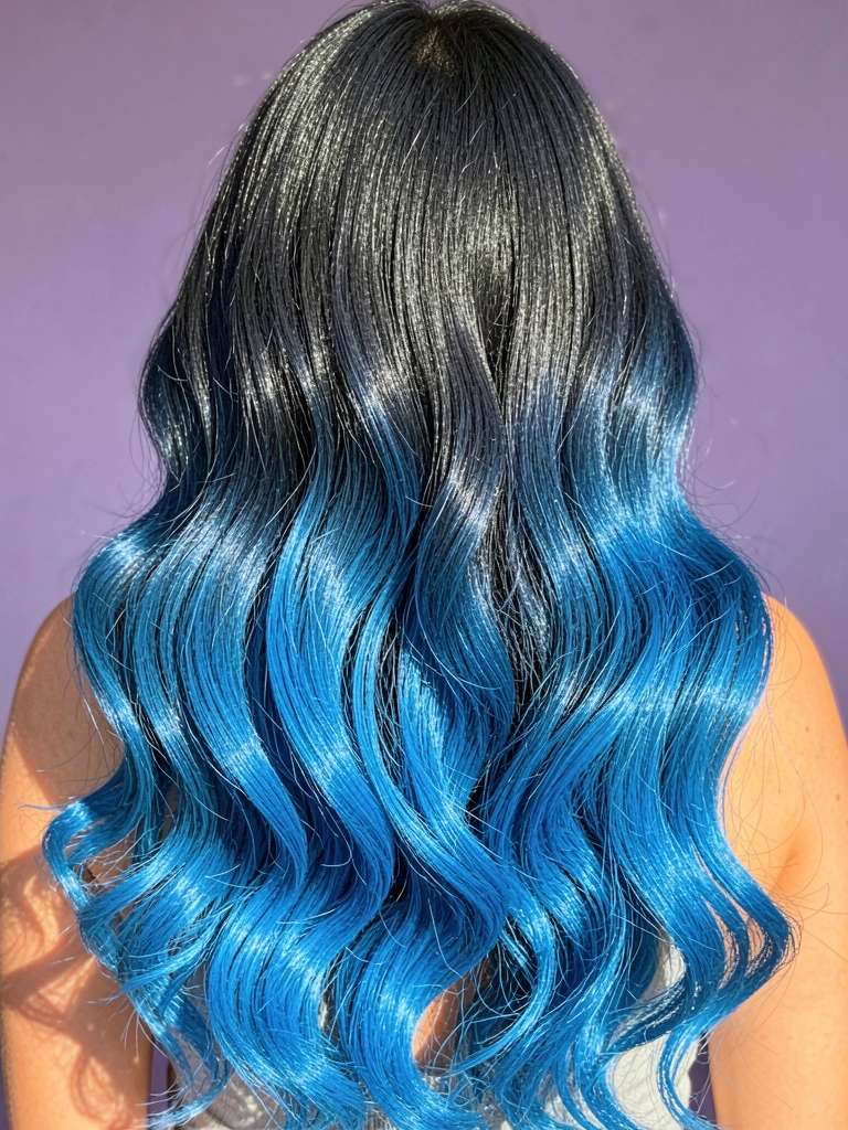 Mulher de cabelos azul-escuros com pontas azul-elétrico, ondas suaves, luz natural, fundo roxo suave.
