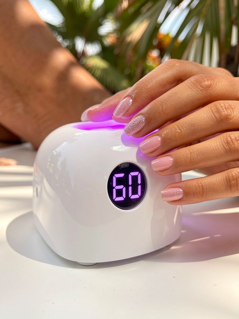 Secador de unhas LED branco com visor digital 60, luz roxa, mãos com esmalte gel sobre pés em superfície branca, fundo desfocado com folhagens tropicais.