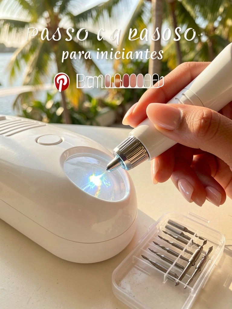 Luz natural incide sobre lixa elétrica branca com cabeça giratória e forma de unha acrílica iluminada, bits em estojo plástico e mão com unhas feitas segurando o aparelho.