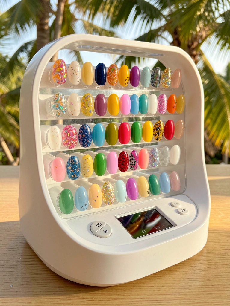 Lâmpada LED branca para unhas com múltiplas cabeças e mostrador digital, cercada por unhas artificiais coloridas em suporte de acrílico, luz natural do dia.