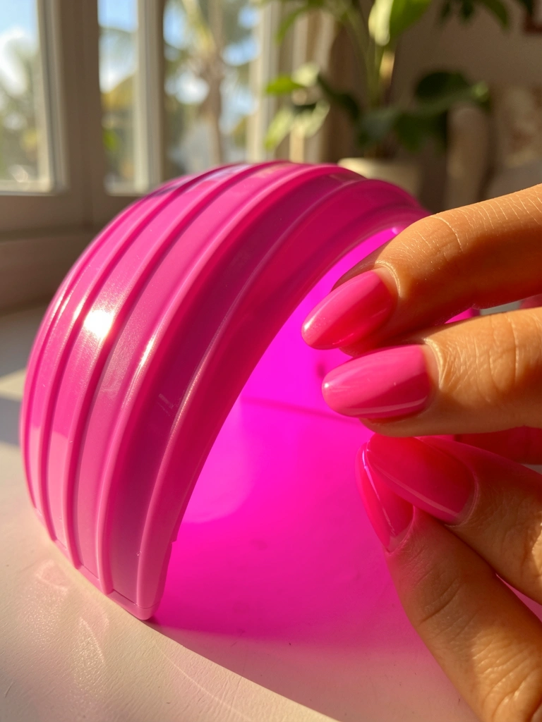 Luz rosa intensa de uma lâmpada UV de unhas sobre uma mão com esmalte rosa brilhante, detalhes refletivos na superfície e luz natural difusa ao fundo.