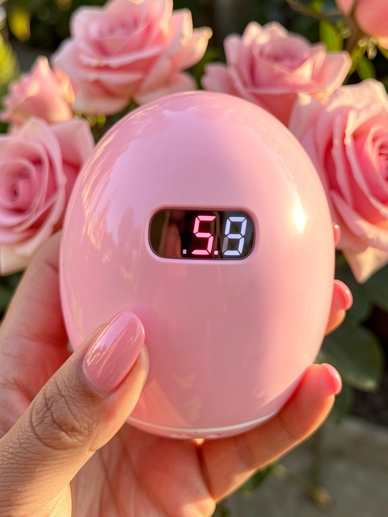 Luz difusa ilumina mão com unhas pink segurando lâmpada de manicure com display digital 