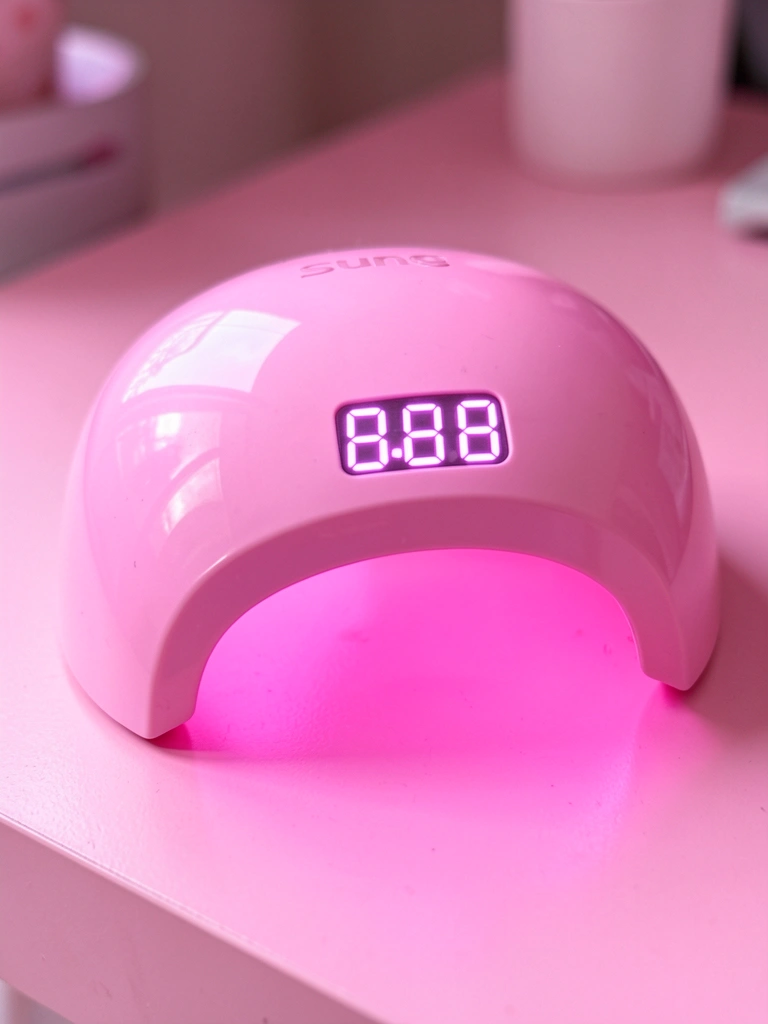 Lâmpada de unhas LED rosa com display digital 8.8.8 sobre superfície rosa, iluminação difusa e close-up.