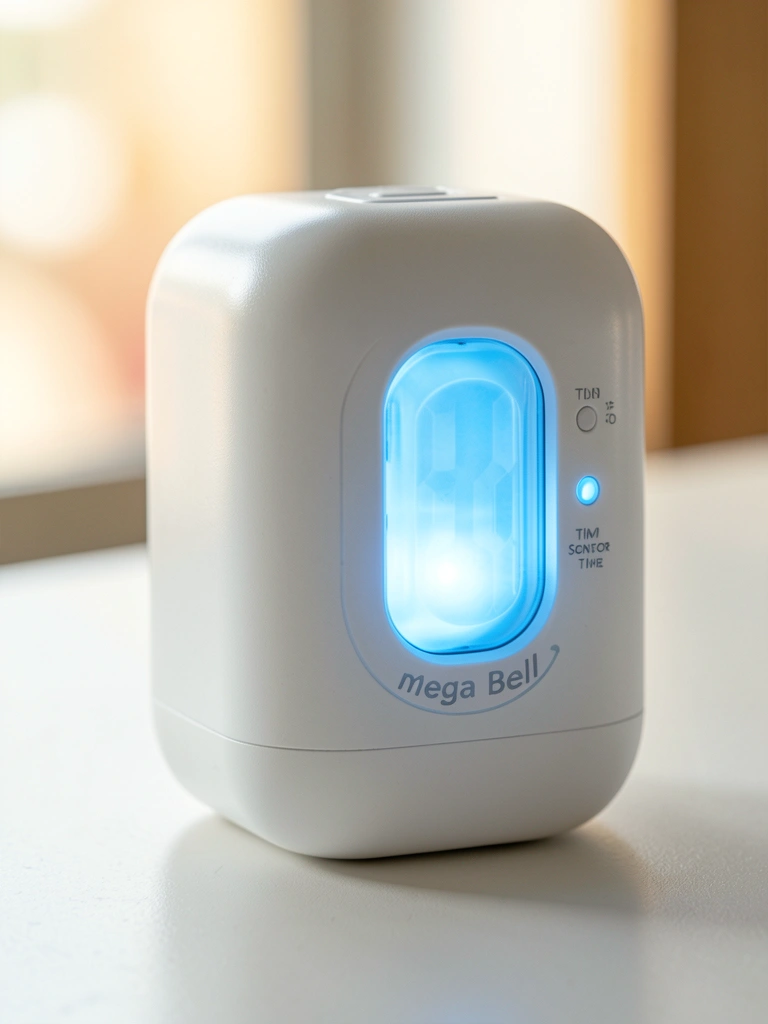 Dispositivo branco com luz azul e painel de controle, superfície reflexiva, fundo neutro e levemente desfocado com luz natural.