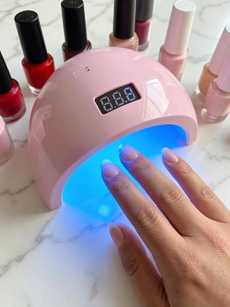Luz azul de uma lâmpada UV rosa ilumina mão com unhas francesas, frascos de esmalte vermelho e rosa sobre superfície de mármore branco.