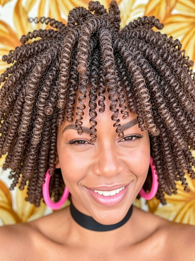 Mulher com cabelo crespo volumoso, brincos rosa grandes e colar preto, sorrindo sob luz natural difusa em fundo amarelo desfocado.