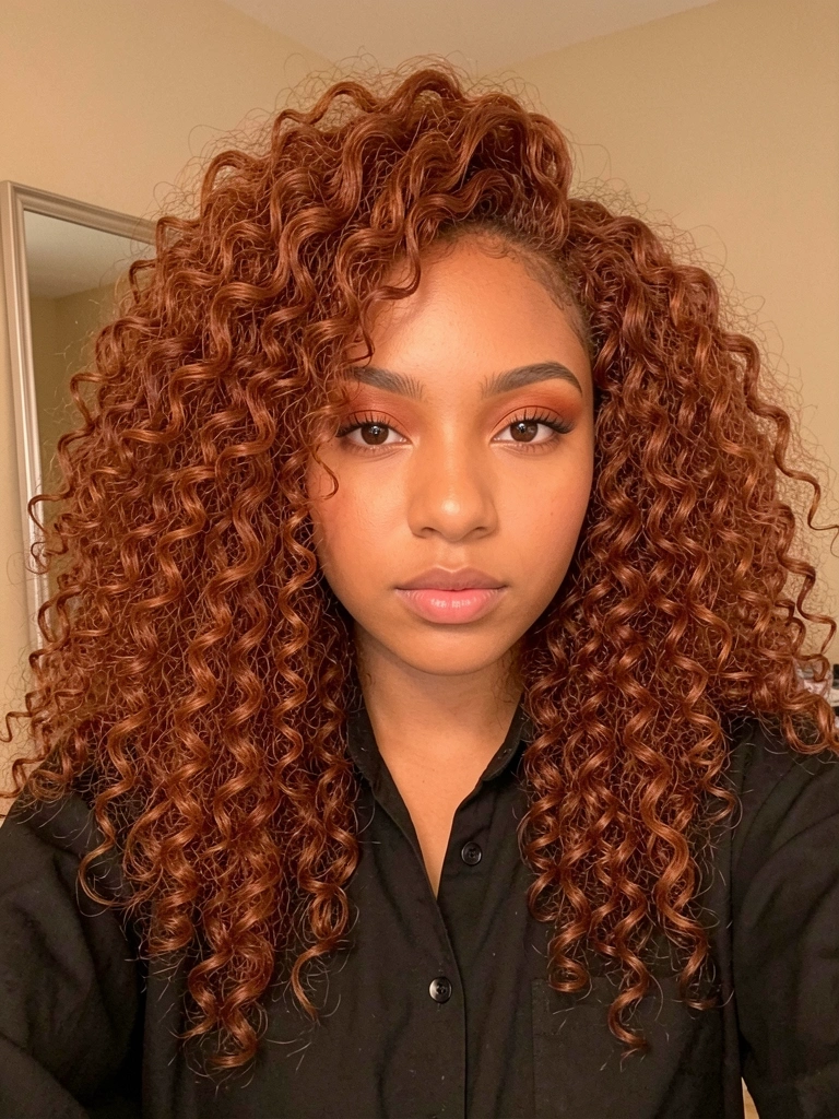 Jovem com cabelo crespo avermelhado volumoso, camisa preta e maquiagem natural, fundo com espelho e parede bege, iluminação difusa e quente.