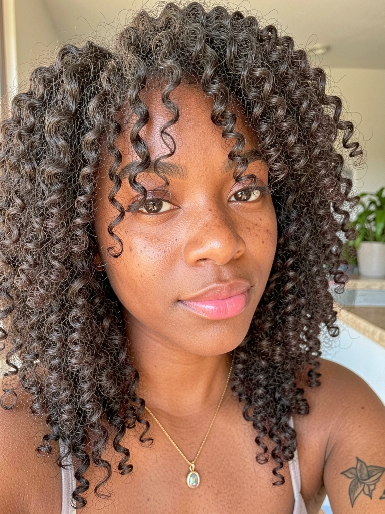 Jovem negra com cabelo crespo cacheado, colar de ouro com pedra iridescente, pele com sardas e batom rosa, luz natural e fundo desfocado com bancada clara e verde.