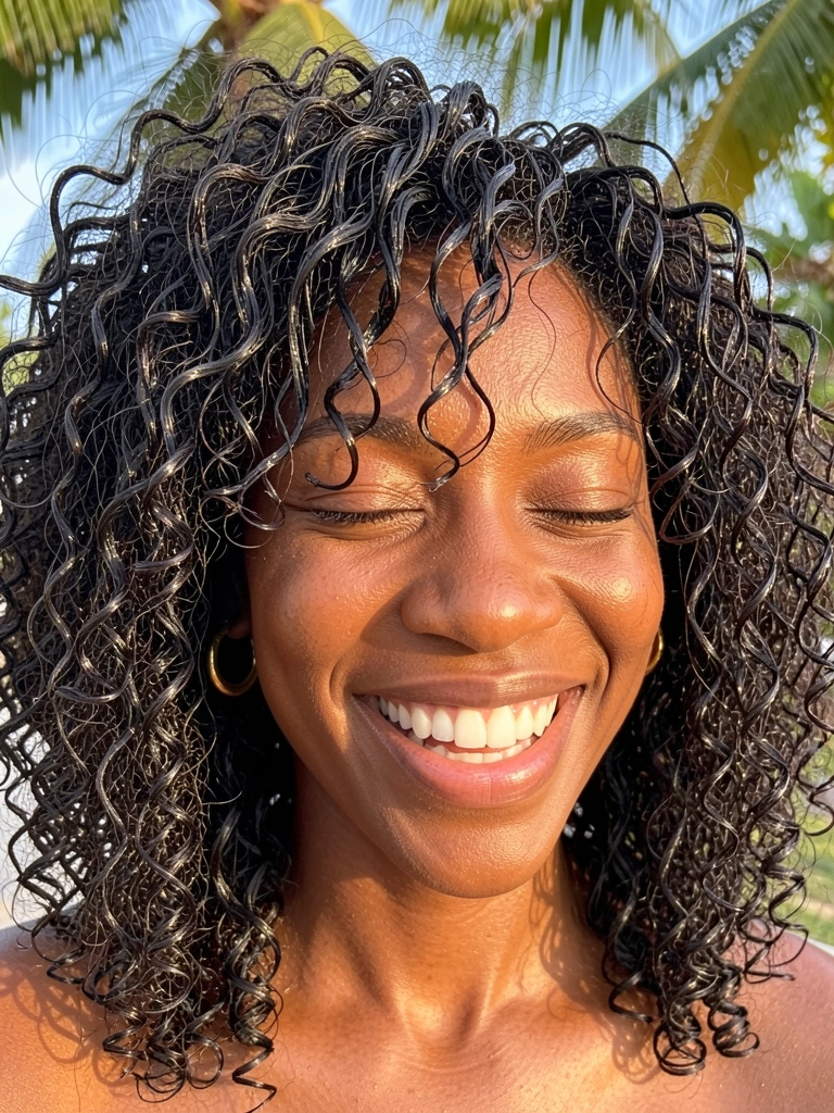 Mulher negra com cabelos crespos definidos e brilhantes, sorrindo de olhos fechados, brincos de argola dourados, luz natural suave.