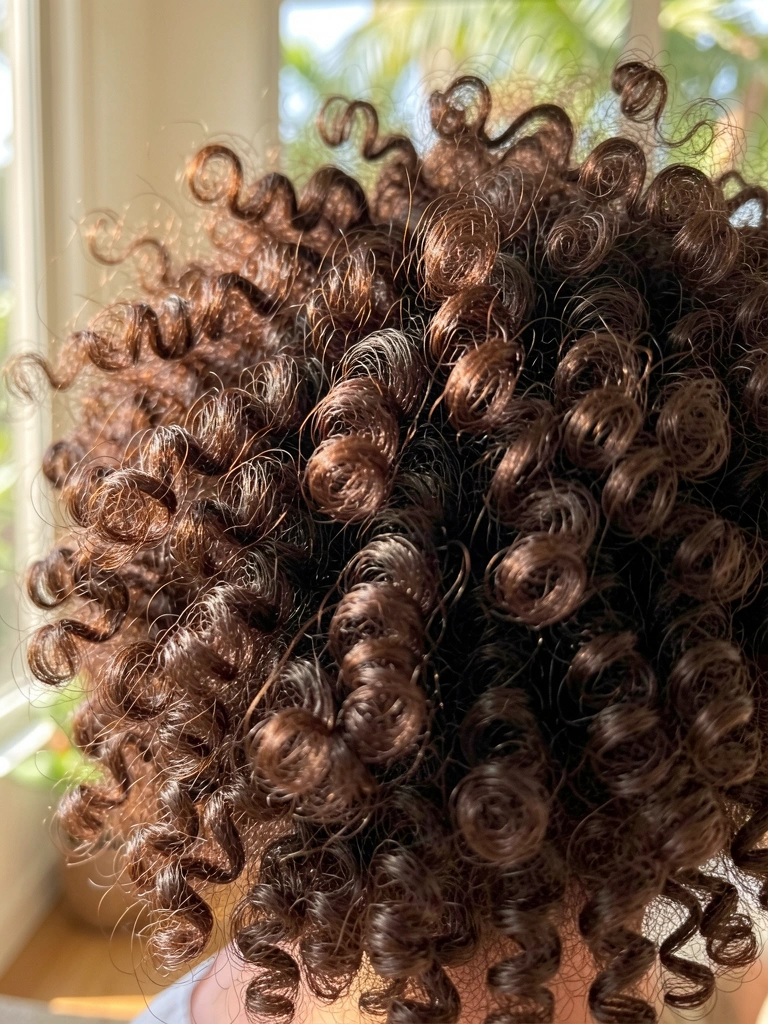 Close-up de cabelo crespo castanho-escuro com cachos volumosos e texturizados, iluminado por luz natural que realça os fios e sombras, fundo desfocado com luz tropical.
