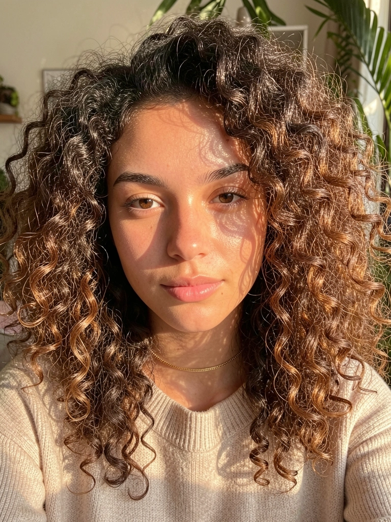 Jovem de cabelos crespos castanhos com mechas douradas, suéter bege e colar dourado fino, iluminada por luz natural suave.