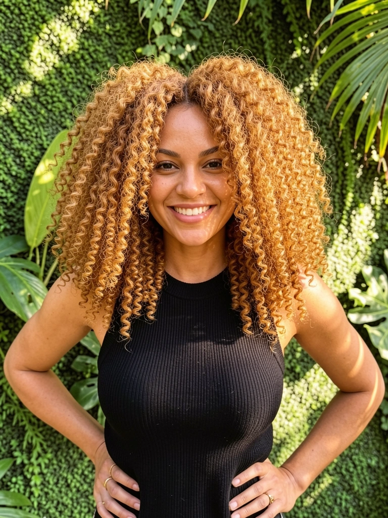 Mulher sorrindo com cabelos cacheados caramelados, top preto de ribana, parede verde texturizada com luz natural difusa e anel dourado.