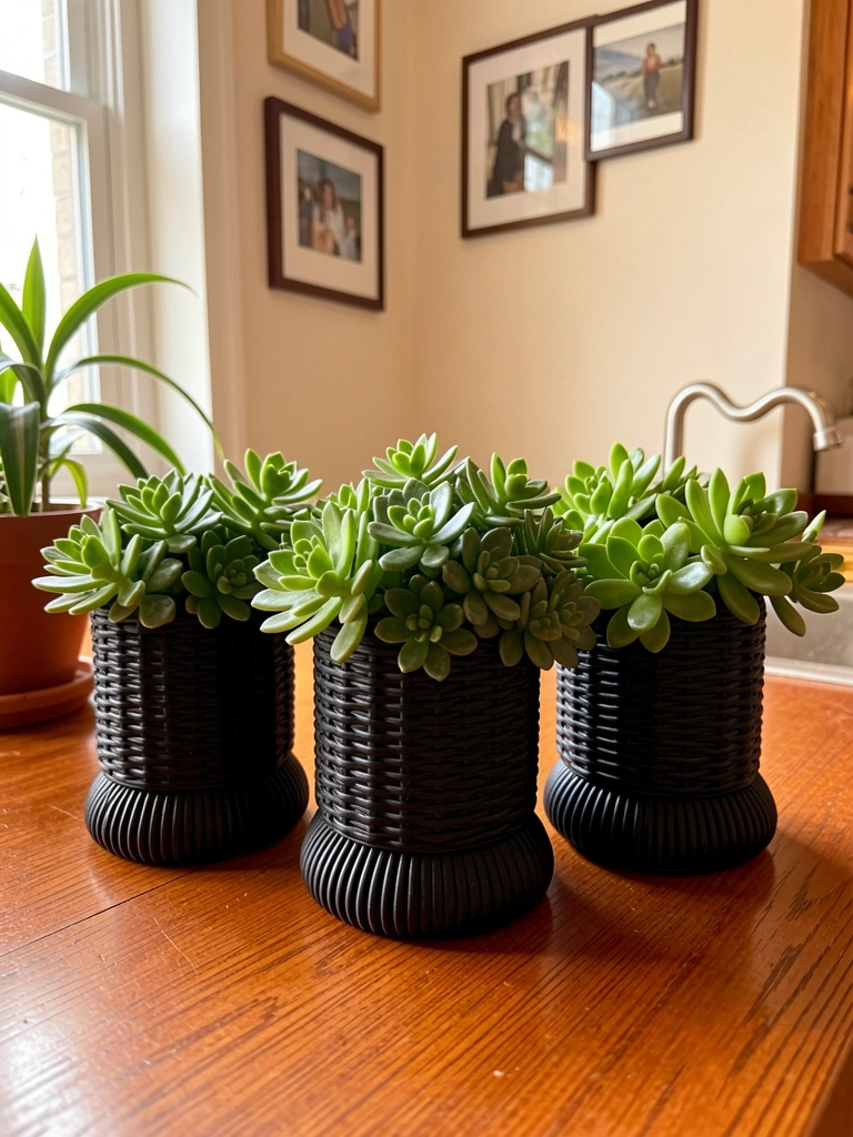 Três cachepots cilíndricos de vime preto sobre mesa de madeira polida, com suculentas verdes transbordando e luz natural filtrada por janela.