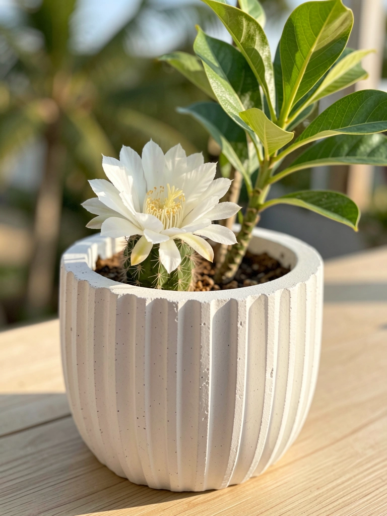 Vaso de concreto branco texturizado com flor de cacto branca e folhagem verde, sobre madeira clara, iluminado por luz natural.